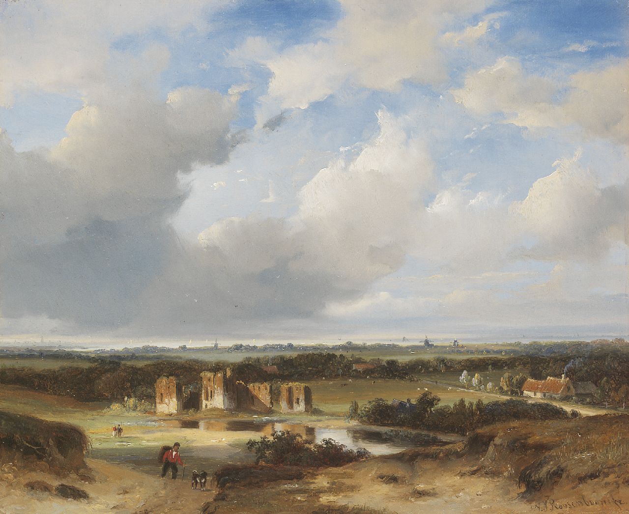 Roosenboom N.J.  | Nicolaas Johannes Roosenboom, Ansicht auf die Ruine von Brederode und den Wijkermeer (See), Öl auf Holz 26,9 x 32,8 cm, Unterzeichnet r.u.