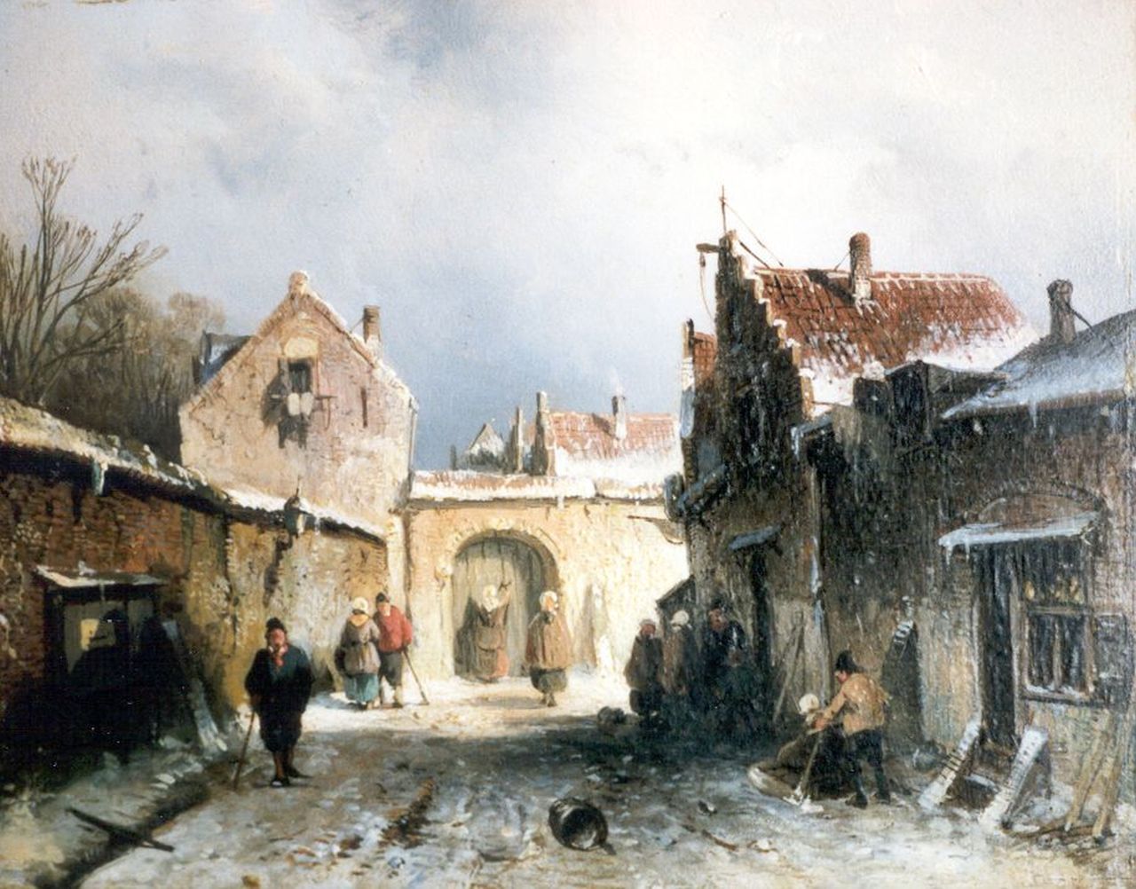 Leickert C.H.J.  | 'Charles' Henri Joseph Leickert, A snow-covered street, Öl auf Holz 15,0 x 19,0 cm, signed l.l.