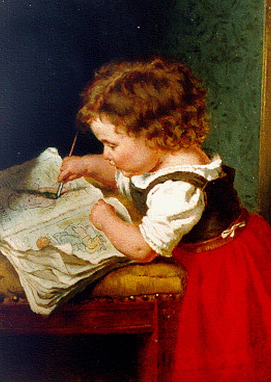 Bregenzer G.  | Gustave Bregenzer, A girl drawing in colour, Öl auf Holz 21,0 x 15,8 cm, signed l.l.