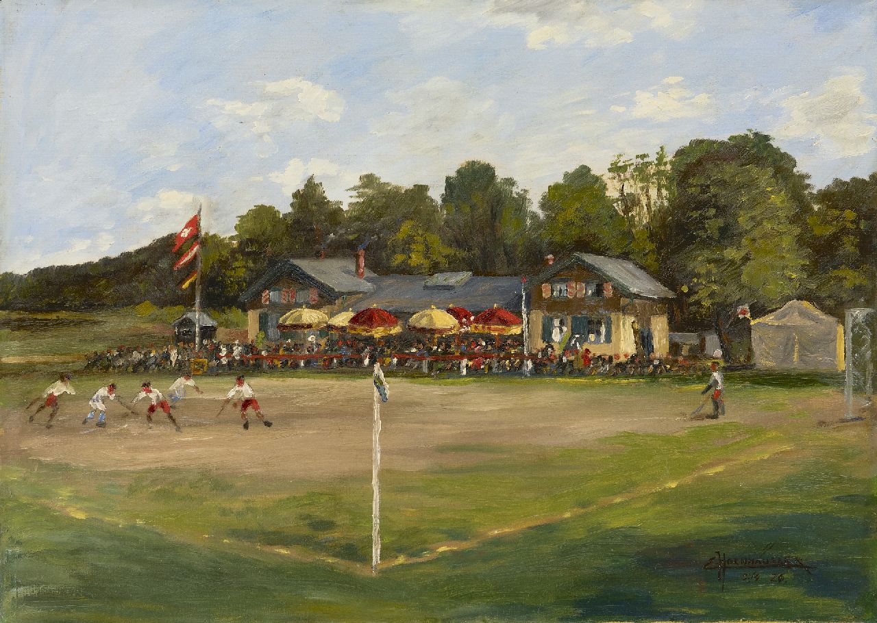 Hochhäusler E.  | Emil Hochhäusler, Hockeywettkampf Frankreich-Die Schweiz in Frankfurt, Öl auf Leinwand 44,0 x 60,3 cm, Unterzeichnet u.r. und datiert 5/4 '26