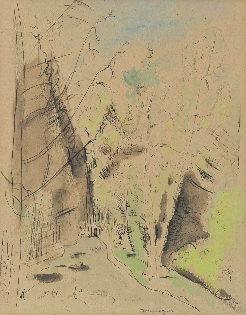 Wiegers J.  | Jan Wiegers, Waldallee, Feder und Tinte und Aquarell auf Papier 32,1 x 25,3 cm, Unterzeichnet u.m.