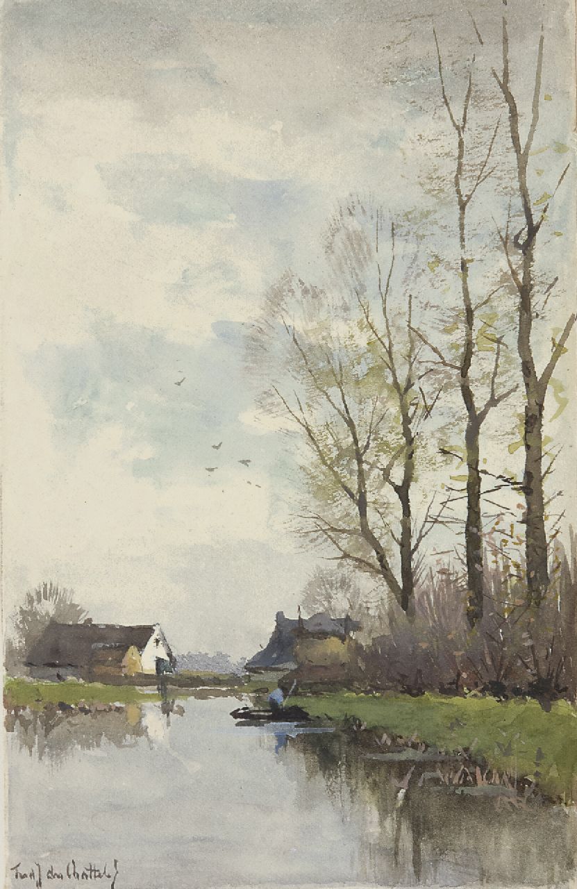 Rossum du Chattel F.J. van | Fredericus Jacobus van Rossum du Chattel, Polderlandschaft, Aquarell auf Papier 17,1 x 11,0 cm, Unterzeichnet u.l.