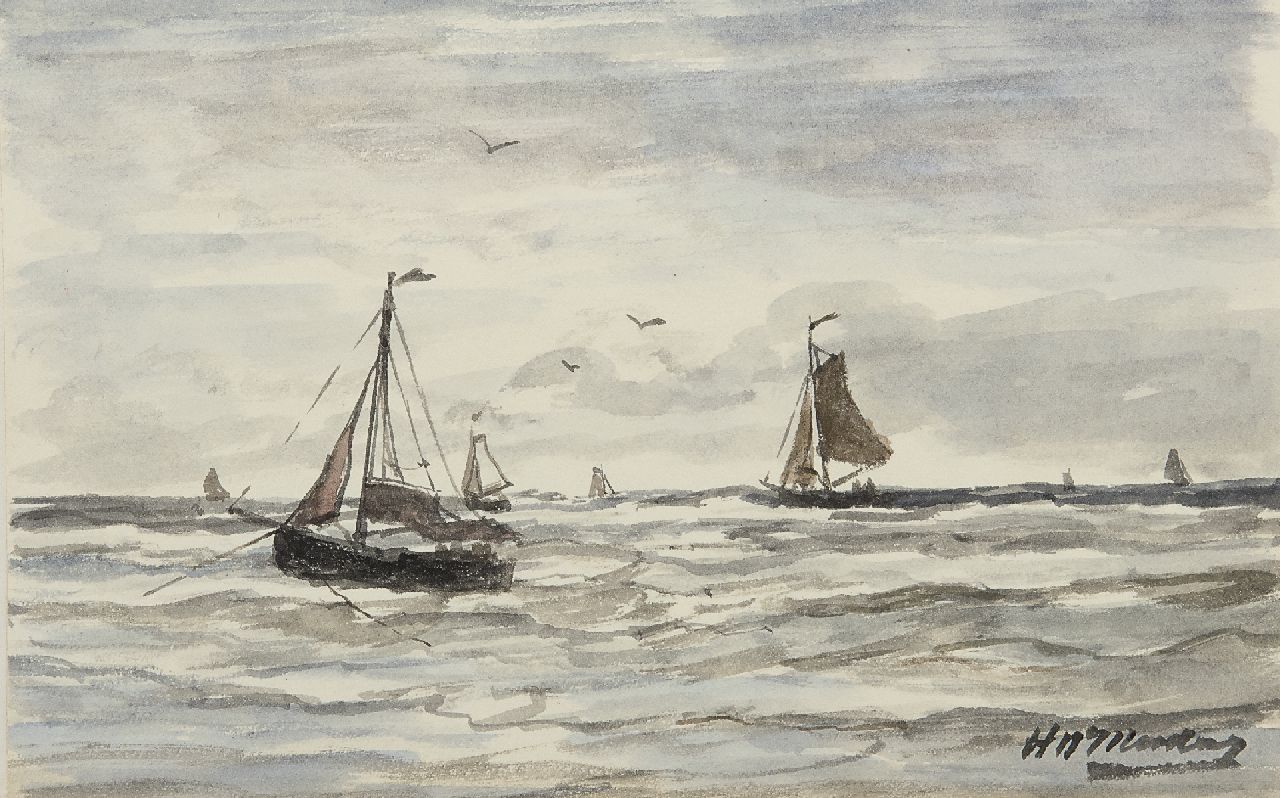 Mesdag H.W.  | Hendrik Willem Mesdag, Fischerboote in der Brandung, Scheveningen, Aquarell auf Papier 13,2 x 21,0 cm, Unterzeichnet u.r.