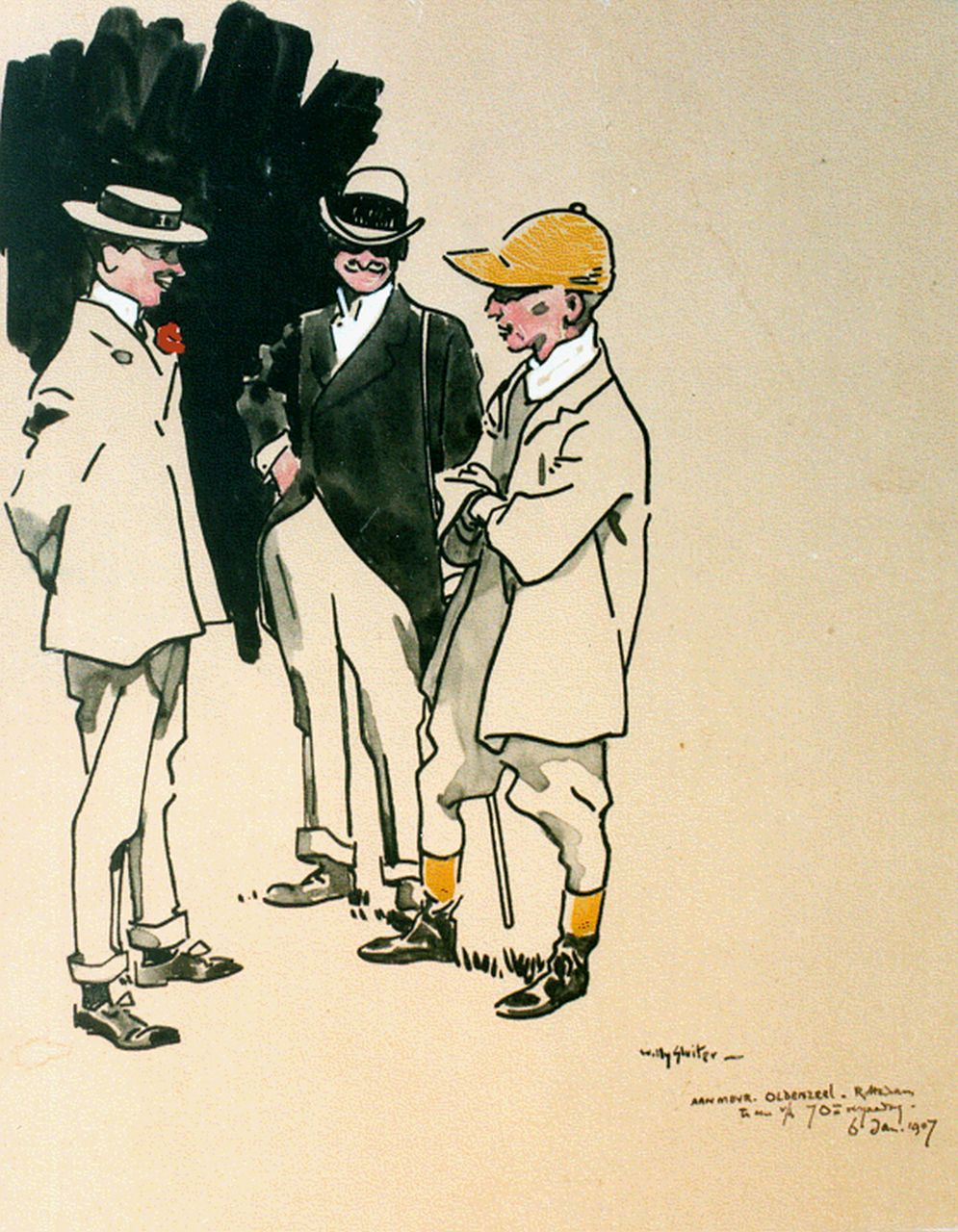 Sluiter J.W.  | Jan Willem 'Willy' Sluiter, Talking with the jockey, Ausziehtusche auf Papier 26,5 x 20,8 cm, signed l.r. und executed on Jan. 6th 1907