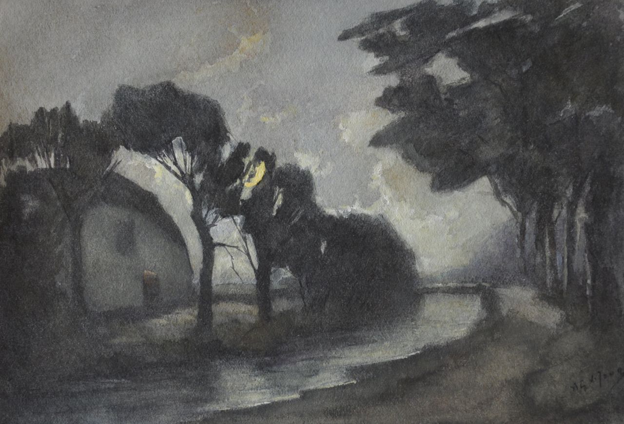 Jong A.G. de | 'Antonie' Gerardus de Jong, Haus an einer Fahrt im Mondlicht, Aquarell auf Papier 12,0 x 17,6 cm, Unterzeichnet u.r.