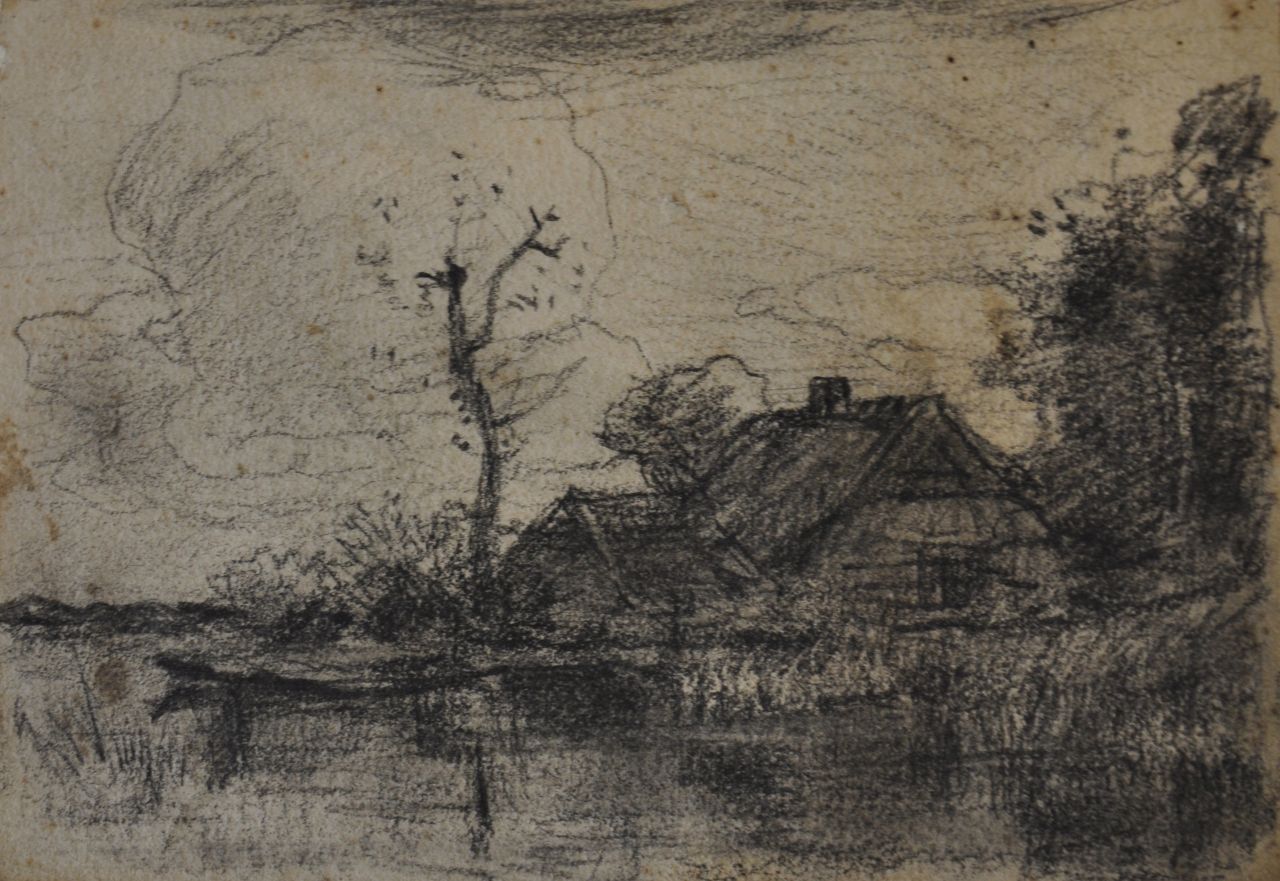 Tholen W.B.  | Willem Bastiaan Tholen | Aquarelle und Zeichnungen zum Verkauf angeboten | Bauernhof in Polderlandschaft, Holzkohle  auf Papier 10,1 x 15,1 cm