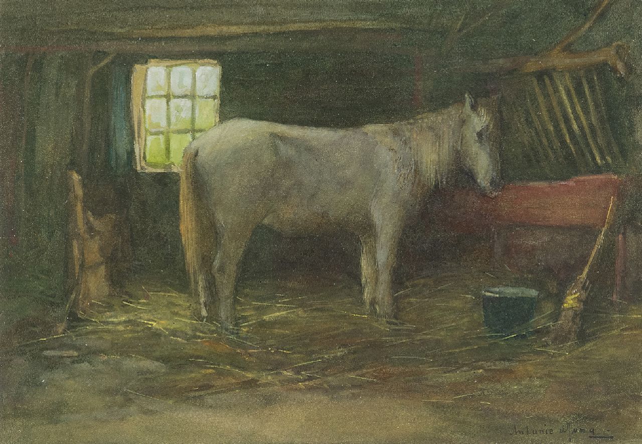 Jong A.G. de | 'Antonie' Gerardus de Jong | Aquarelle und Zeichnungen zum Verkauf angeboten | Schimmel in einem Stall, Aquarell auf Papier 13,6 x 19,6 cm, Unterzeichnet u.r.