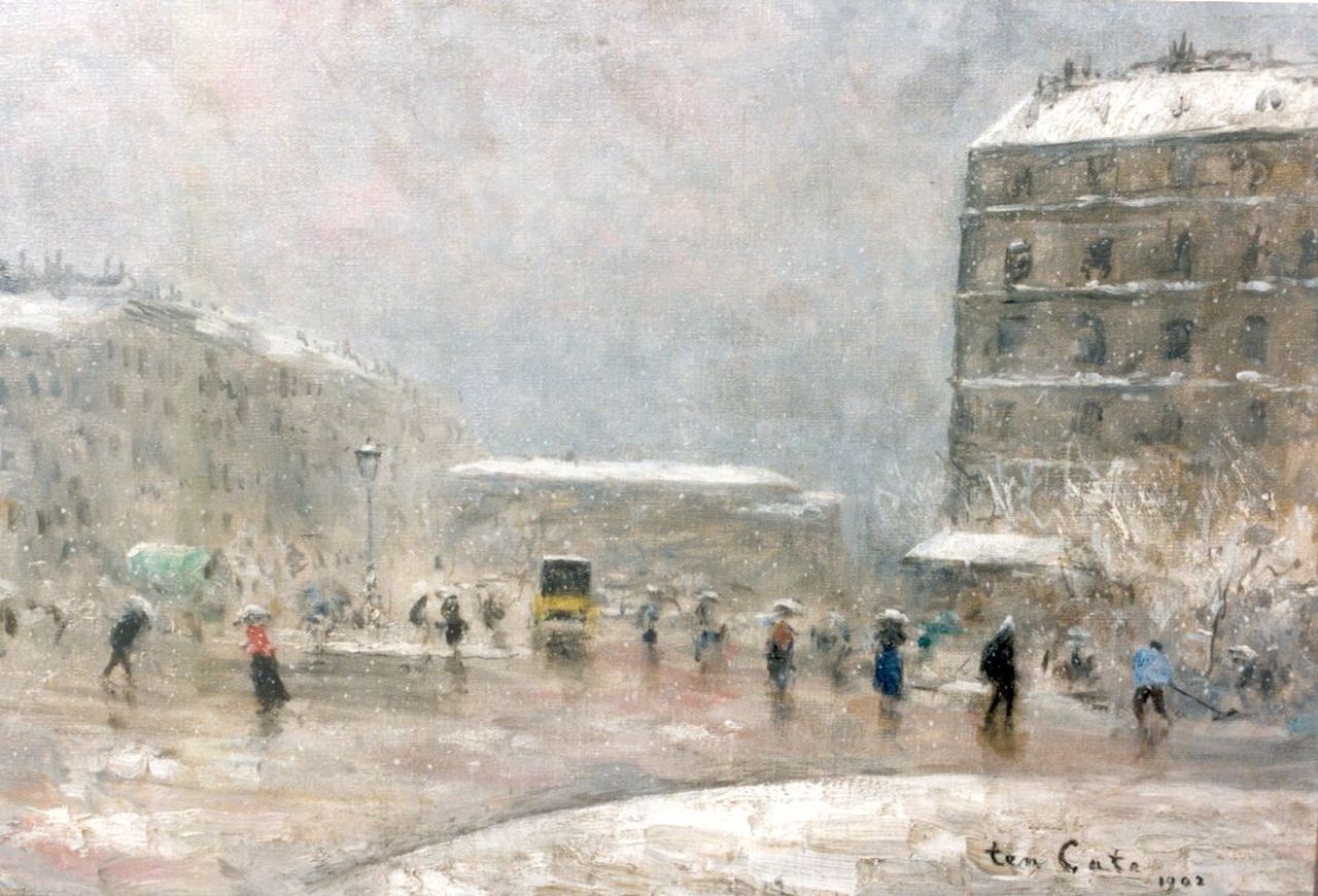Cate S.J. ten | 'Siebe' Johannes ten Cate, A snow-covered street, Paris, Öl auf Leinwand 38,8 x 55,5 cm, signed l.r. und dated 1902