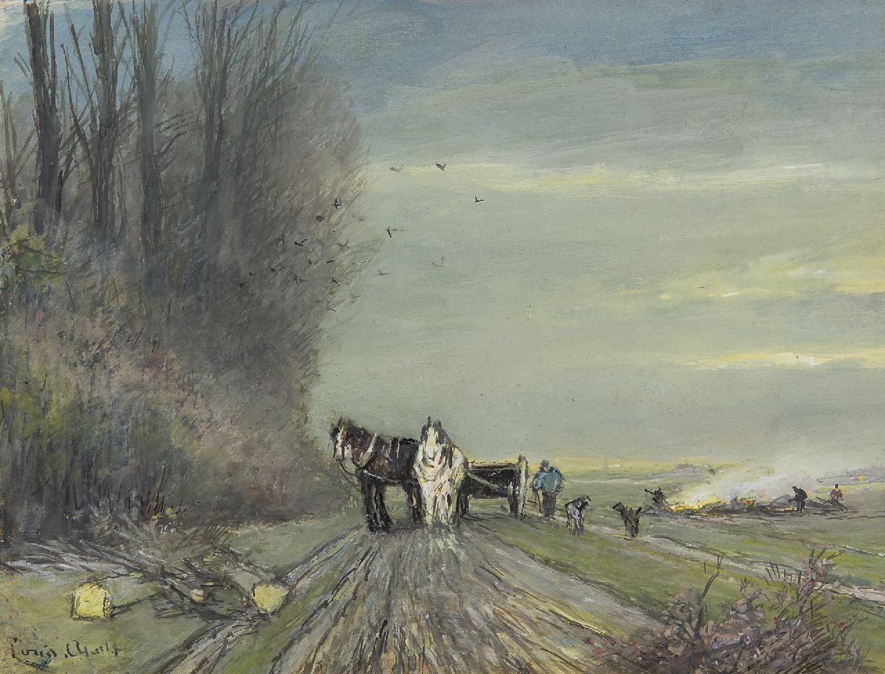 Apol L.F.H.  | Lodewijk Franciscus Hendrik 'Louis' Apol, Pferdekarren auf einem Landweg im Winter, Gouache auf Papier 18,0 x 23,2 cm, Unterzeichnet u.l.