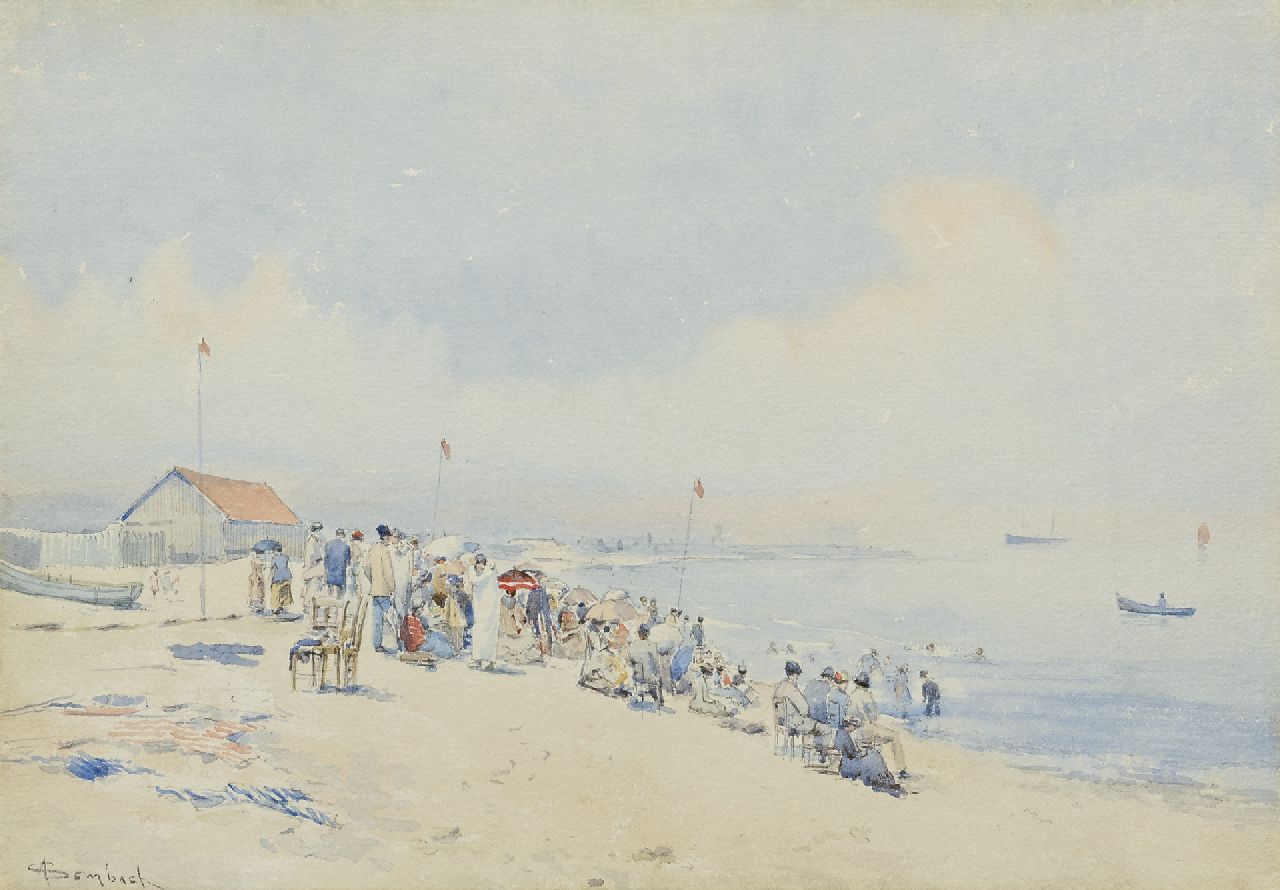 Sembach A.E.  | Auguste Ernest Sembach, Sonntag am Strand an der belgischen Küste, Aquarell auf Papier 27,6 x 39,1 cm, Unterzeichnet u.l.