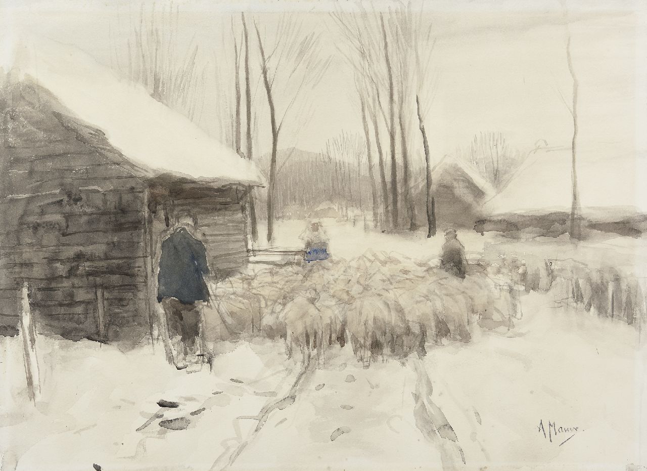 Mauve A.  | Anthonij 'Anton' Mauve, Schnee in Laren, Aquarell auf Papier 49,6 x 67,7 cm, Unterzeichnet u.r.