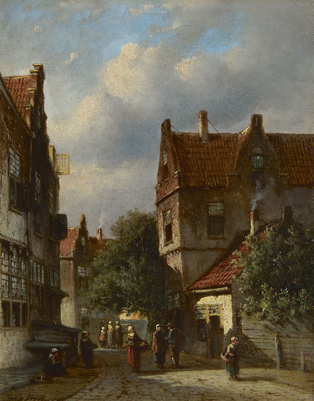 Vertin P.G.  | Petrus Gerardus Vertin | Gemälde zum Verkauf angeboten | Holländische Gasse mit Figuren, Öl auf Holz 23,6 x 18,6 cm, Unterzeichnet u.l.