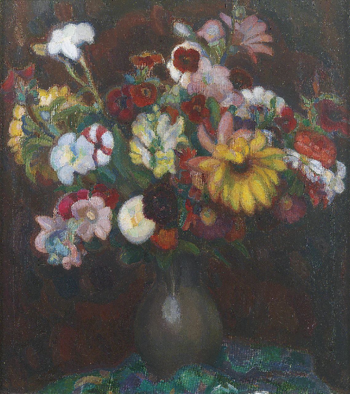 Gestel L.  | Leendert 'Leo' Gestel, Blumen in einer Zinnkanne, Öl auf Leinwand 70,5 x 63,0 cm, Unterzeichnet l.u. und zu datieren 1915-1917