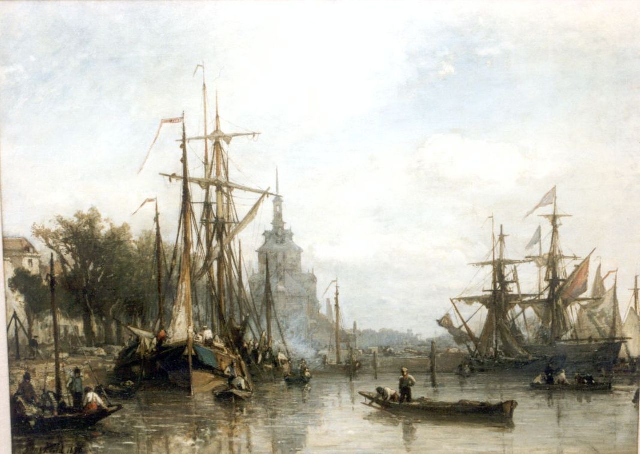 Jongkind J.B.  | Johan Barthold Jongkind, The harbour of Rotterdam, with the Oude Delftse Hoofdpoort beyond, Öl auf Leinwand 42,3 x 56,5 cm, signed l.l. und dated '56