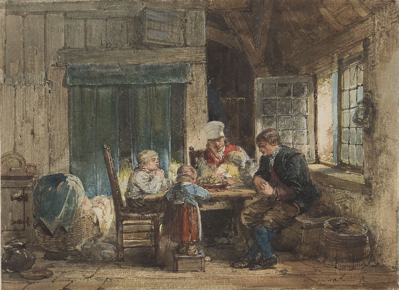 Kate H.F.C. ten | 'Herman' Frederik Carel ten Kate, Das Gebet vor der Mahlzeit, Marken, Aquarell auf Papier 21,6 x 29,7 cm, Unterzeichnet u.r.