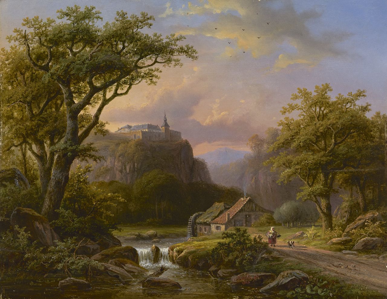 Biester A.  | Anthony Biester, Niederrheinische Landschaft mit Burganlage, Öl auf Holz 43,0 x 55,5 cm, Unterzeichnet m.u. und datiert 1865