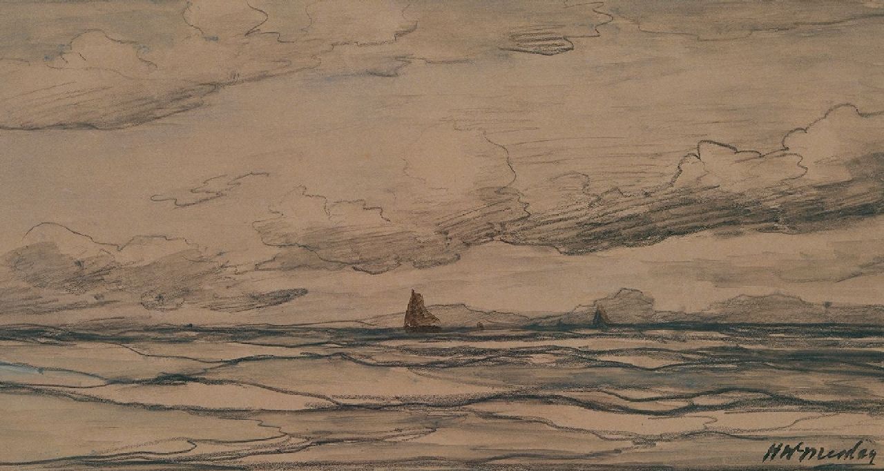Mesdag H.W.  | Hendrik Willem Mesdag, Meer mit 'Bomschiffe' in der Ferne, Schwarze Kreide auf Papier 18,0 x 34,2 cm, Unterzeichnet u.r.