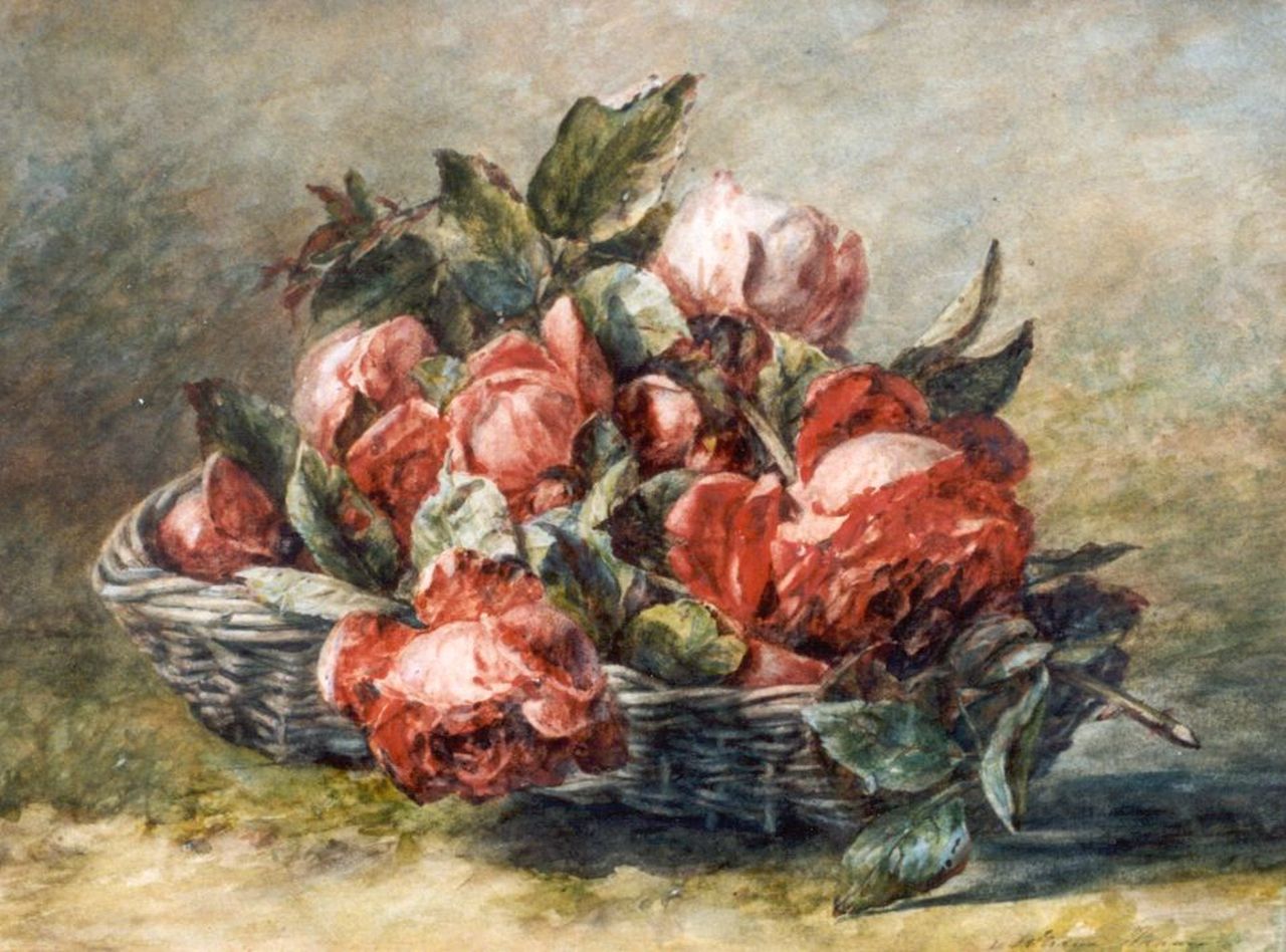 Haanen A.J.  | Adriana Johanna Haanen, Red roses in a basket, Aquarell auf Papier 29,0 x 38,0 cm, signed l.r. und dated 1893