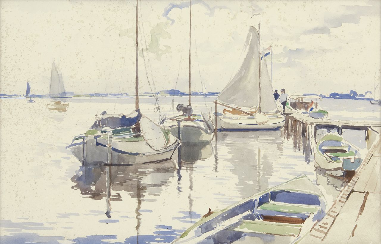 Vreedenburgh C.  | Cornelis Vreedenburgh, Plattbodenboote bei einem Bootssteg an den Loosdrechtse Plassen, Aquarell auf Papier 30,5 x 46,8 cm