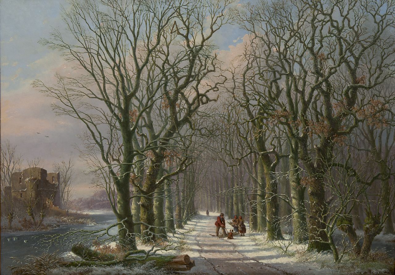 Meijier A.A. de | Anthony Andreas de Meijier, Figuren auf einem Waldpfad im Winter, Öl auf Holz 51,7 x 73,4 cm, Unterzeichnet r.u.