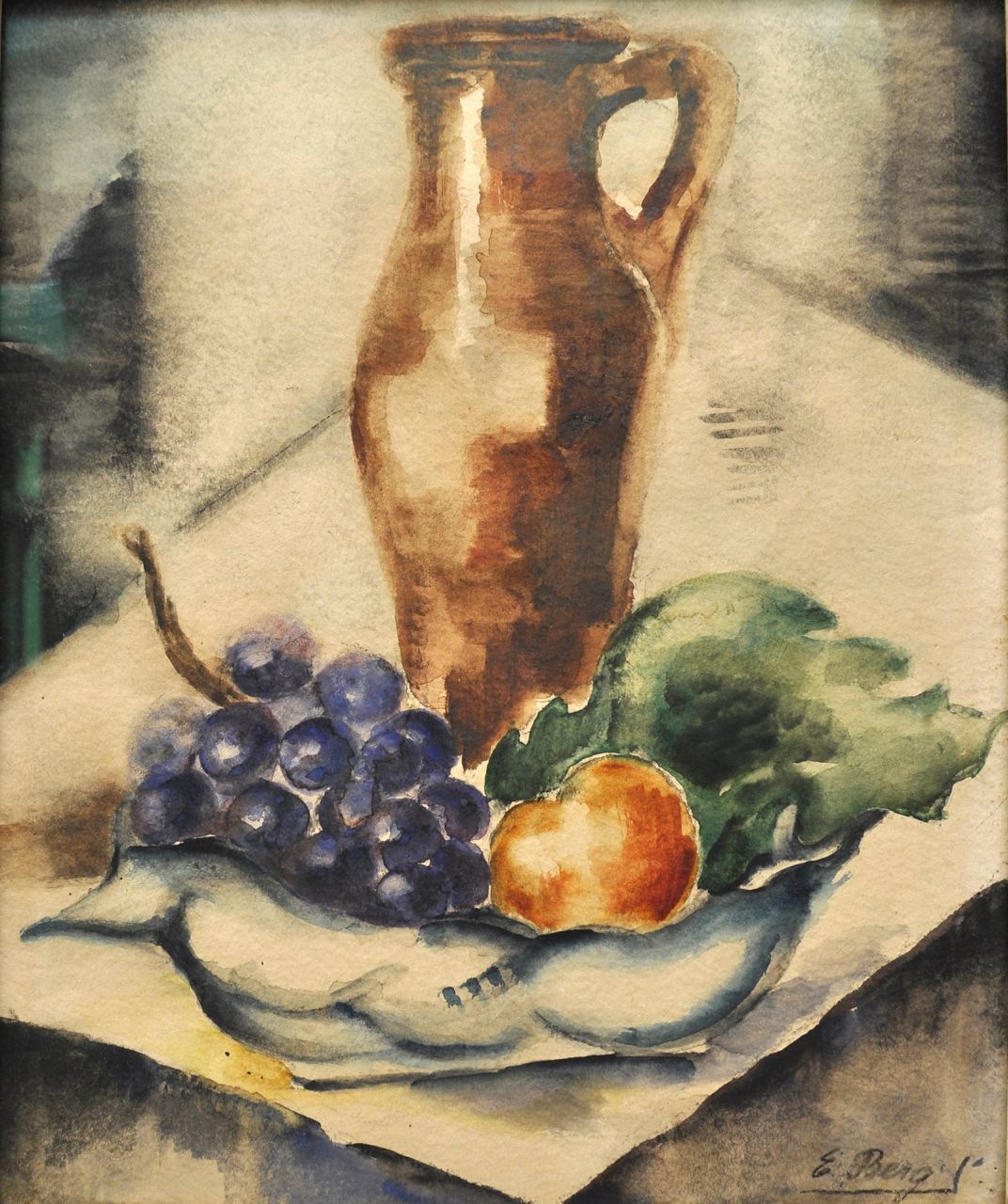 Berg E.  | Else Berg, Obstschale und Dose auf einem Tisch, Aquarell auf Papier 37,3 x 26,5 cm, Unterzeichnet u.r.