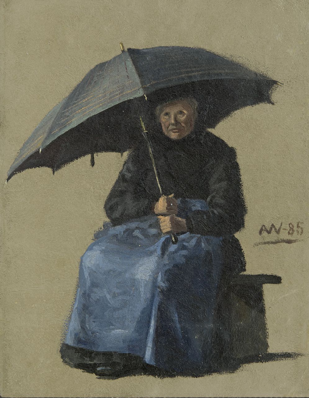 Anna Wengberg | Eine Frau mit Regenschirm, Öl auf Papier auf Holzfaser, 33,5 x 26,0 cm, Unterzeichnet m.r. mit Monogramm und datiert '85