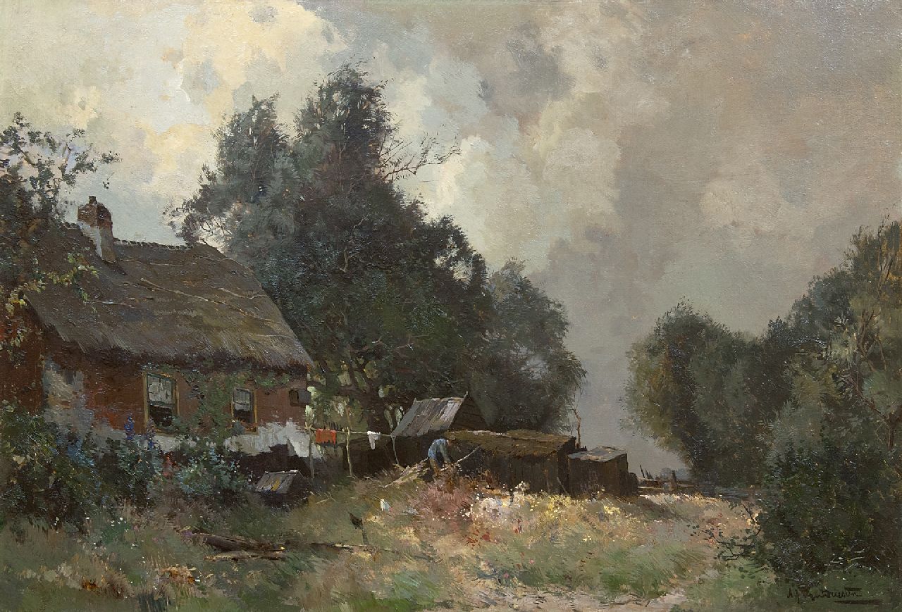 Driesten A.J. van | Arend Jan van Driesten | Gemälde zum Verkauf angeboten | Bauer arbeitet in seinem Hof, Öl auf Leinwand 52,5 x 76,5 cm, Unterzeichnet u.r.