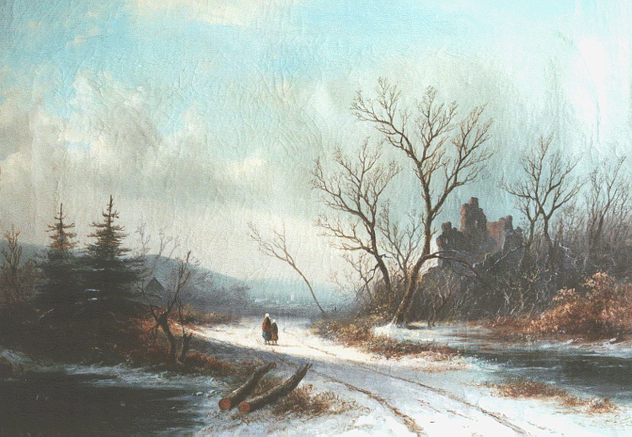Spohler J.J.  | Jan Jacob Spohler, Travellers on a snow-covered path, Öl auf Leinwand 35,0 x 49,5 cm, signed l.l.
