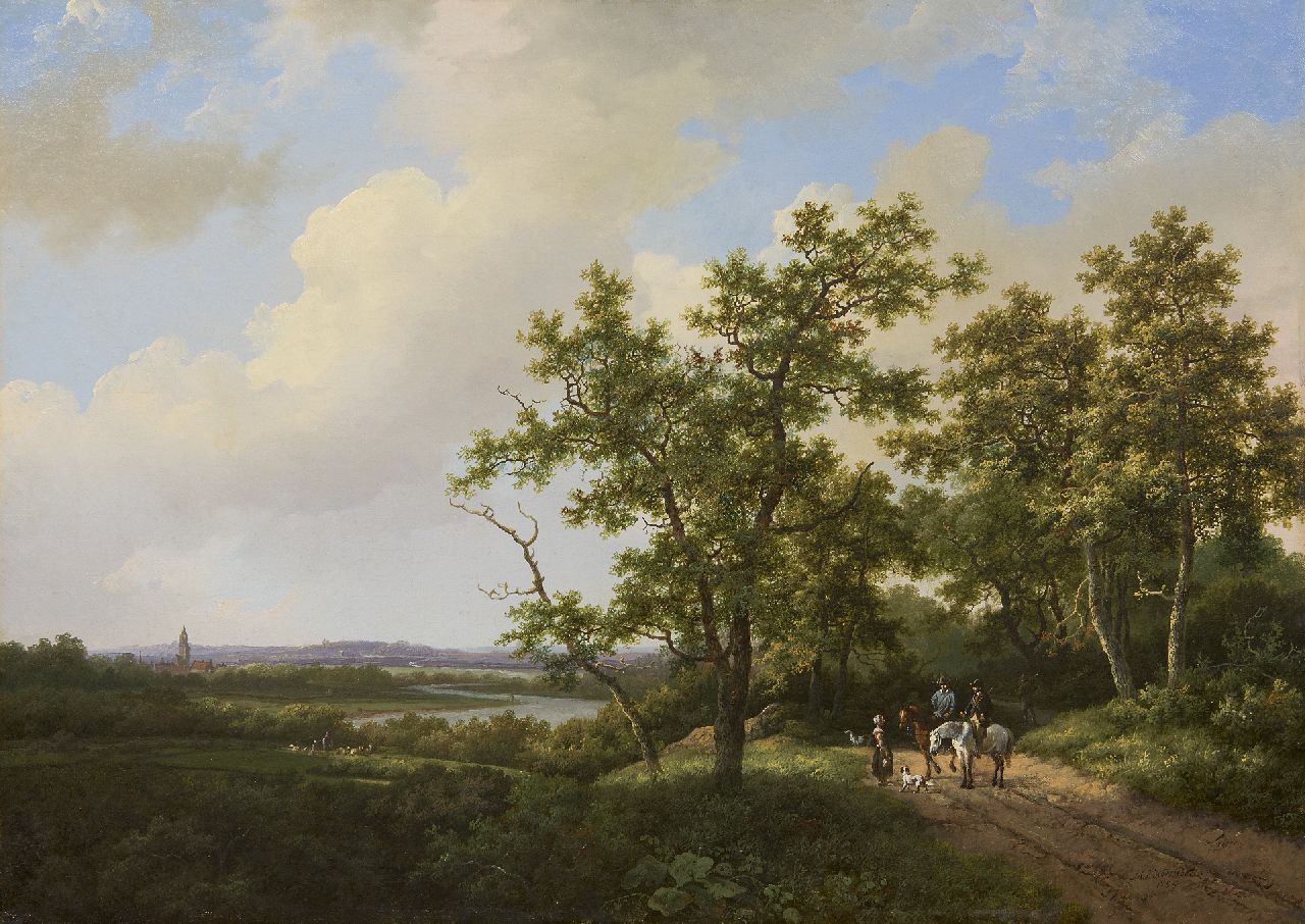 Koekkoek I M.A.  | Marinus Adrianus Koekkoek I, Weite holländische Flusslandschaft, Öl auf Holz 42,7 x 60,3 cm, Unterzeichnet u.r. und im Verso und datiert 1855