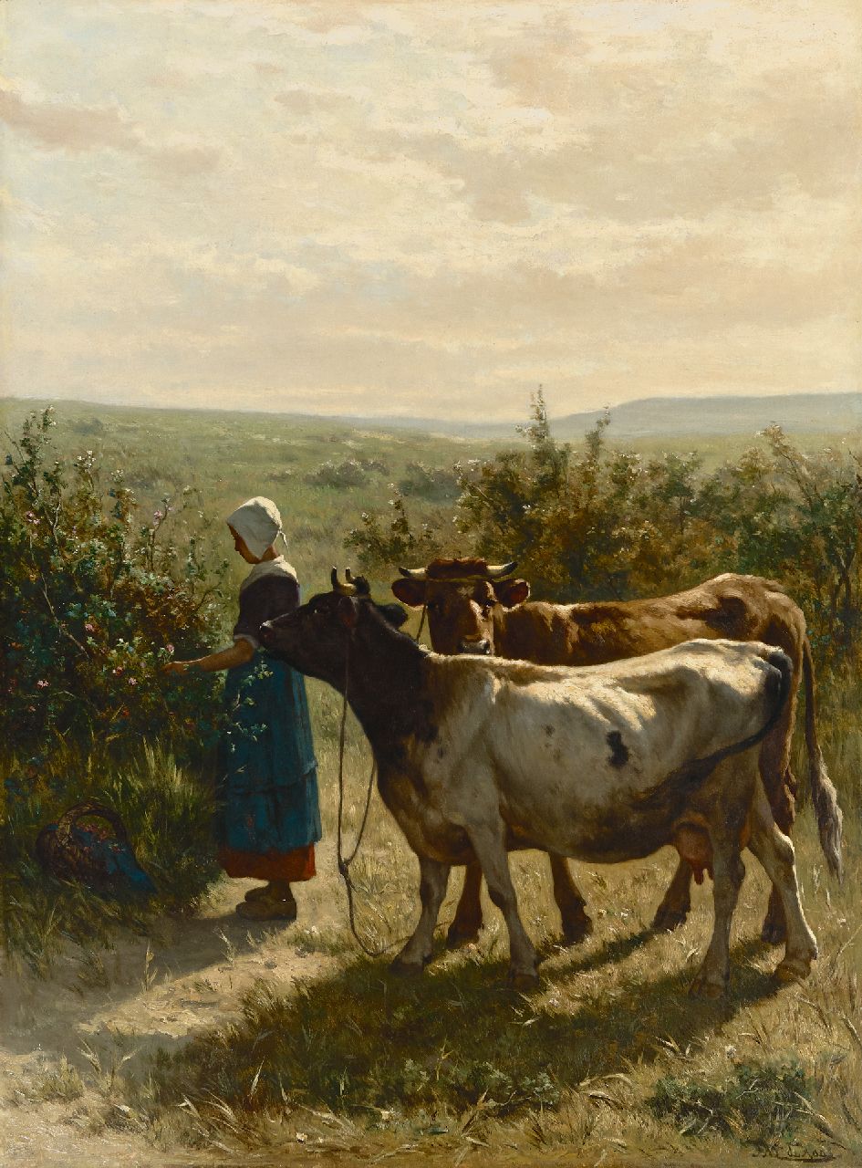 Haas J.H.L. de | Johannes Hubertus Leonardus de Haas, Junge Hirtin mit ihrem Vieh, Öl auf Leinwand 88,3 x 66,6 cm, Unterzeichnet u.r.