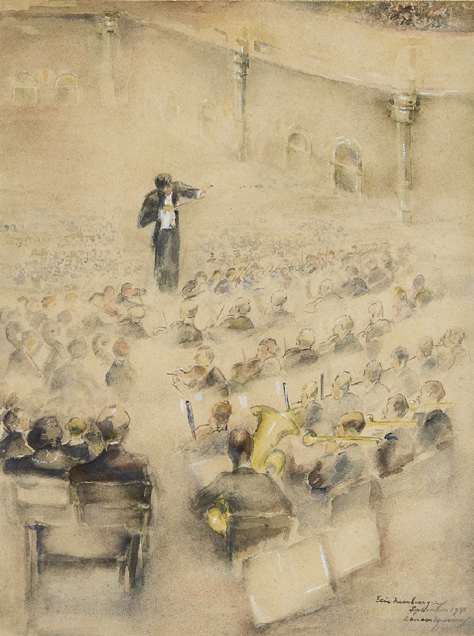 Neuburger E.  | Eliazer 'Elie' Neuburger, In der Konzerthalle, Amsterdam, Aquarell auf Papier 40,0 x 30,0 cm, Unterzeichnet u.r. und datiert September 1941