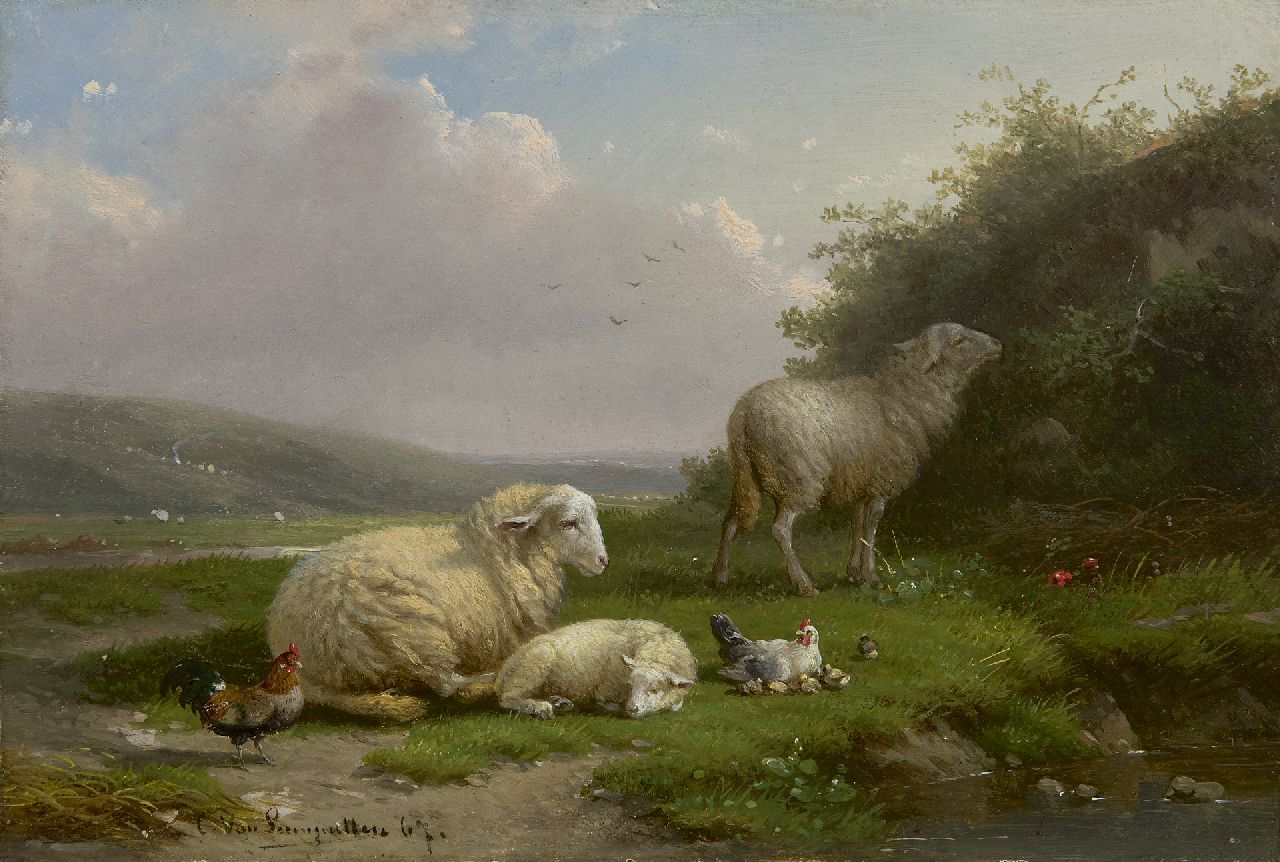 Leemputten C. van | Cornelis van Leemputten, Schafe und Hühner am Teich, Öl auf Holz 16,6 x 24,1 cm, Unterzeichnet u.l. und datiert '67