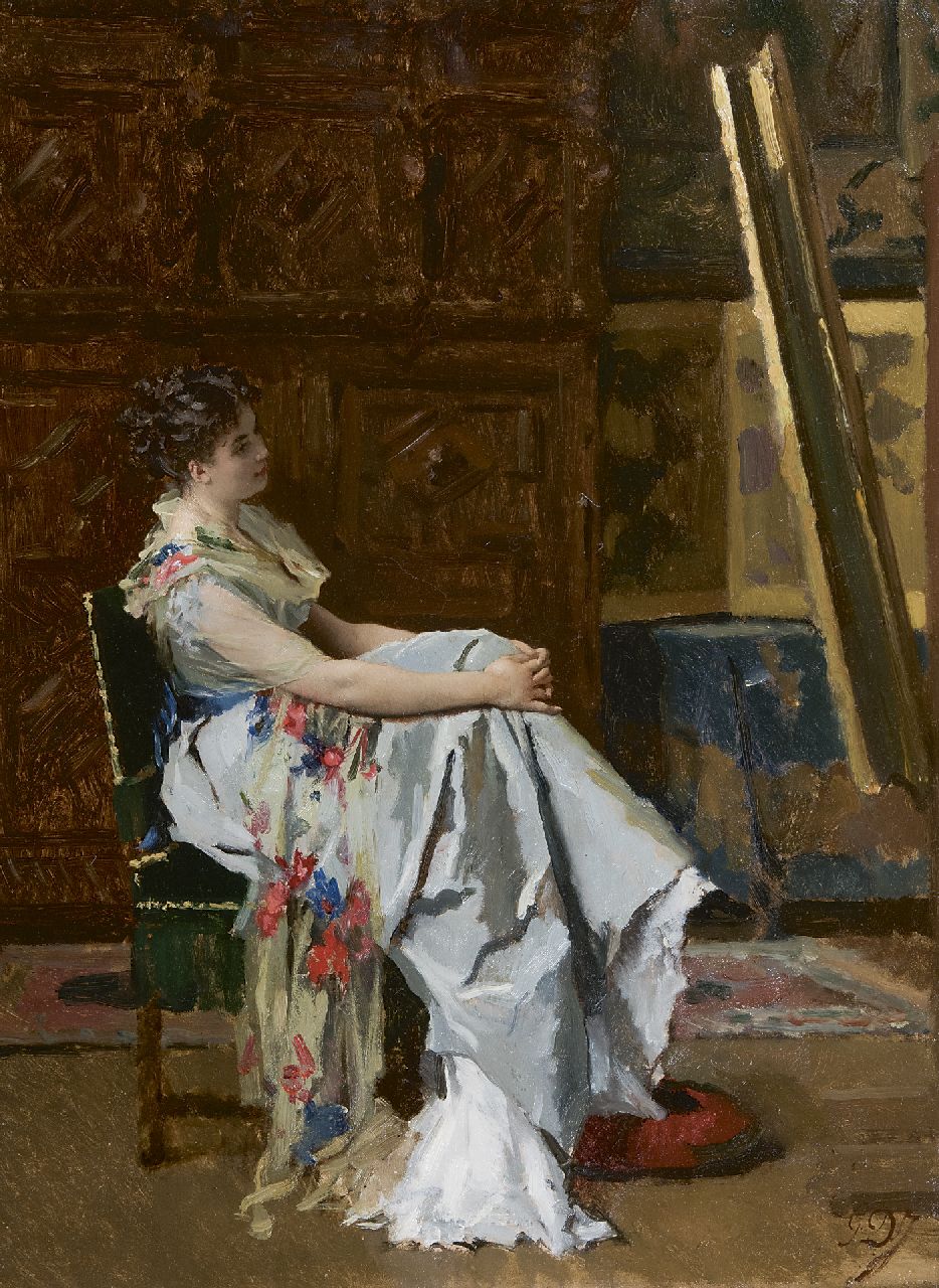Jonghe G.L. De | 'Gustave' Léonard De Jonghe, Bewunderung eines Gemäldes, Öl auf Holz 49,9 x 36,9 cm, Unterzeichnet u.r. mit Initialen