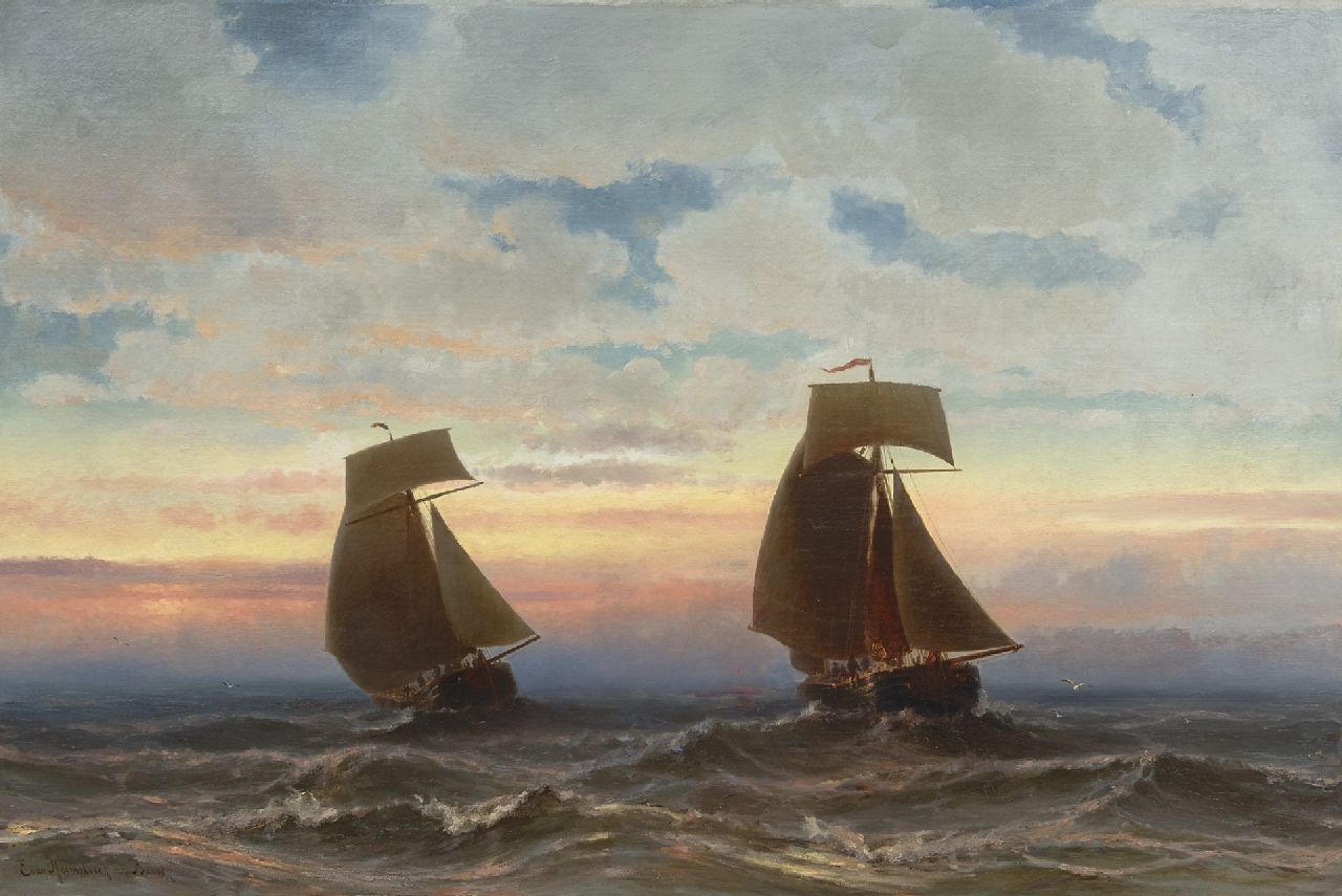 Jacob Eduard van Heemskerck van Beest | Sonnenuntergang auf dem Meer, Öl auf Leinwand, 79,5 x 120,4 cm, Unterzeichnet u.l.