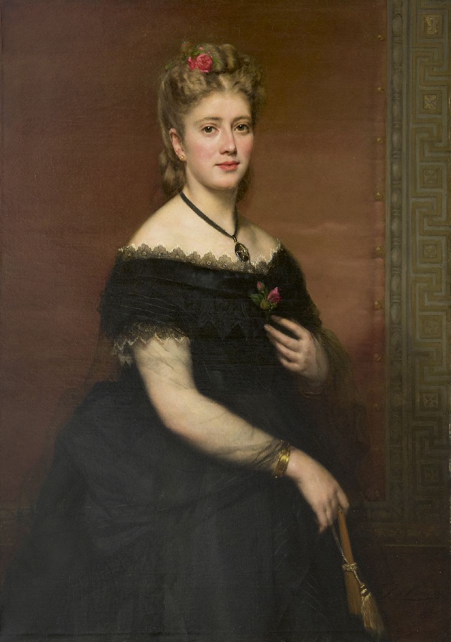 Ooms K.  | Karel Ooms, Porträt einer Frau in schwarzem Spitzenkleid, Öl auf Leinwand 104,3 x 75,6 cm, Unterzeichnet u.r. und datiert 1872