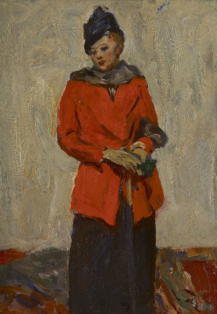 Baseleer R.  | Richard Baseleer, Frau im roten Mantel, Öl auf Holz 33,5 x 24,6 cm, Unterzeichnet im Verso und datiert im Verso 'Venise' 1913