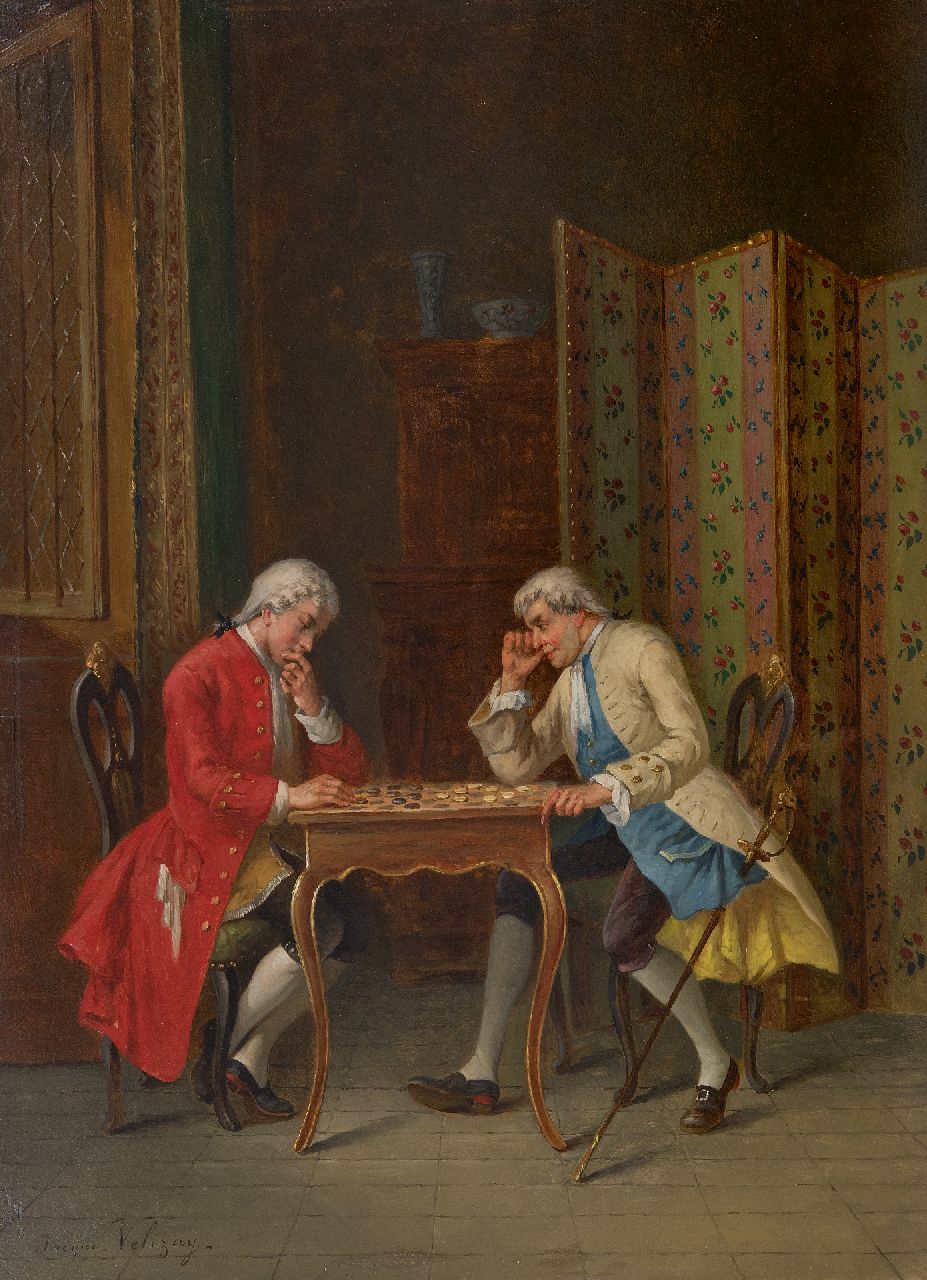 Velizay J.  | Jacques Velizay | Gemälde zum Verkauf angeboten | Das Damespiel, Öl auf Holz 54,0 x 39,7 cm, Unterzeichnet u.l.