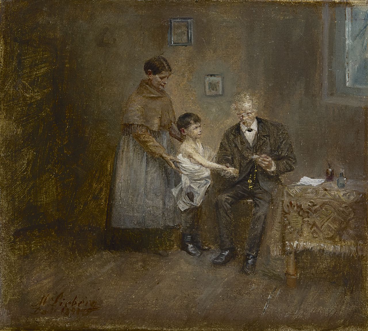 Lieberg M.  | Max Lieberg, Beim Arzt, Öl auf Leinwand 13,5 x 15,0 cm, Unterzeichnet u.l. und 'Düs' 1891