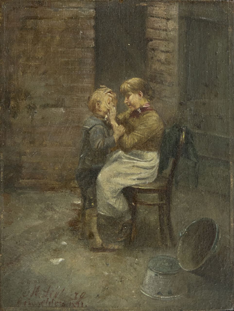 Lieberg M.  | Max Lieberg, Muttersorge, Öl auf Holz 12,0 x 9,0 cm, Unterzeichnet u.l. und 'Düsseldorf' 1891