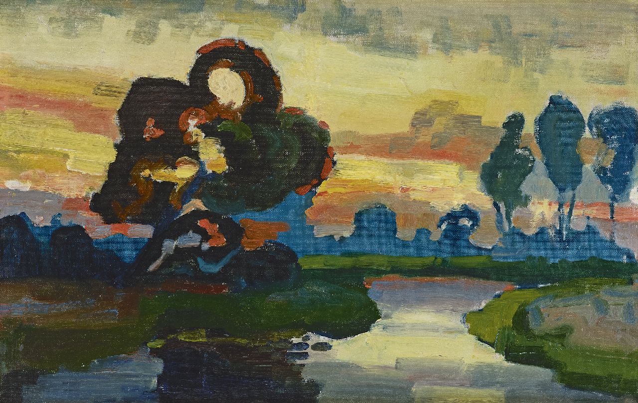 Lanooy C.J.  | Christiaan Johannes 'Chris' Lanooy, Flusslandschaft bei untergehender Sonne, Öl auf Leinwand auf Holz 31,4 x 49,3 cm