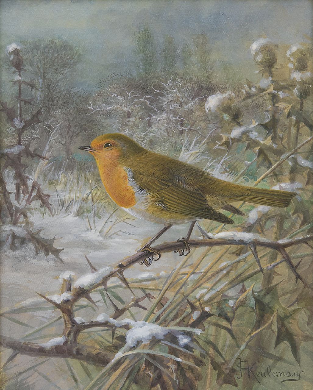 Keulemans J.G.  | Johannes Gerardus Keulemans, Rotkehlchen im Winterlandschaft, Gouache auf Papier 21,5 x 17,0 cm, Unterzeichnet u.r.