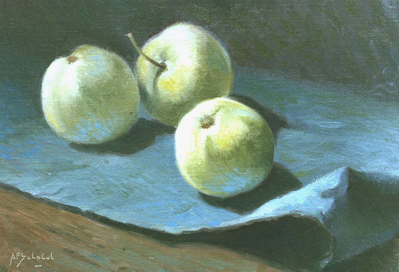 Schotel A.P.  | Anthonie Pieter Schotel, Three apples, Öl auf Leinwand auf Holz 21,8 x 30,3 cm, signed l.l.