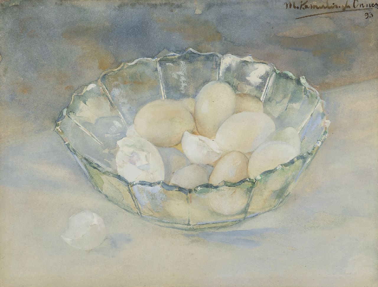 Kamerlingh Onnes M.  | Menso Kamerlingh Onnes, Kristallschale mit Eiern, Aquarell auf Papier 29,8 x 39,1 cm, Unterzeichnet o.r. und datiert '93