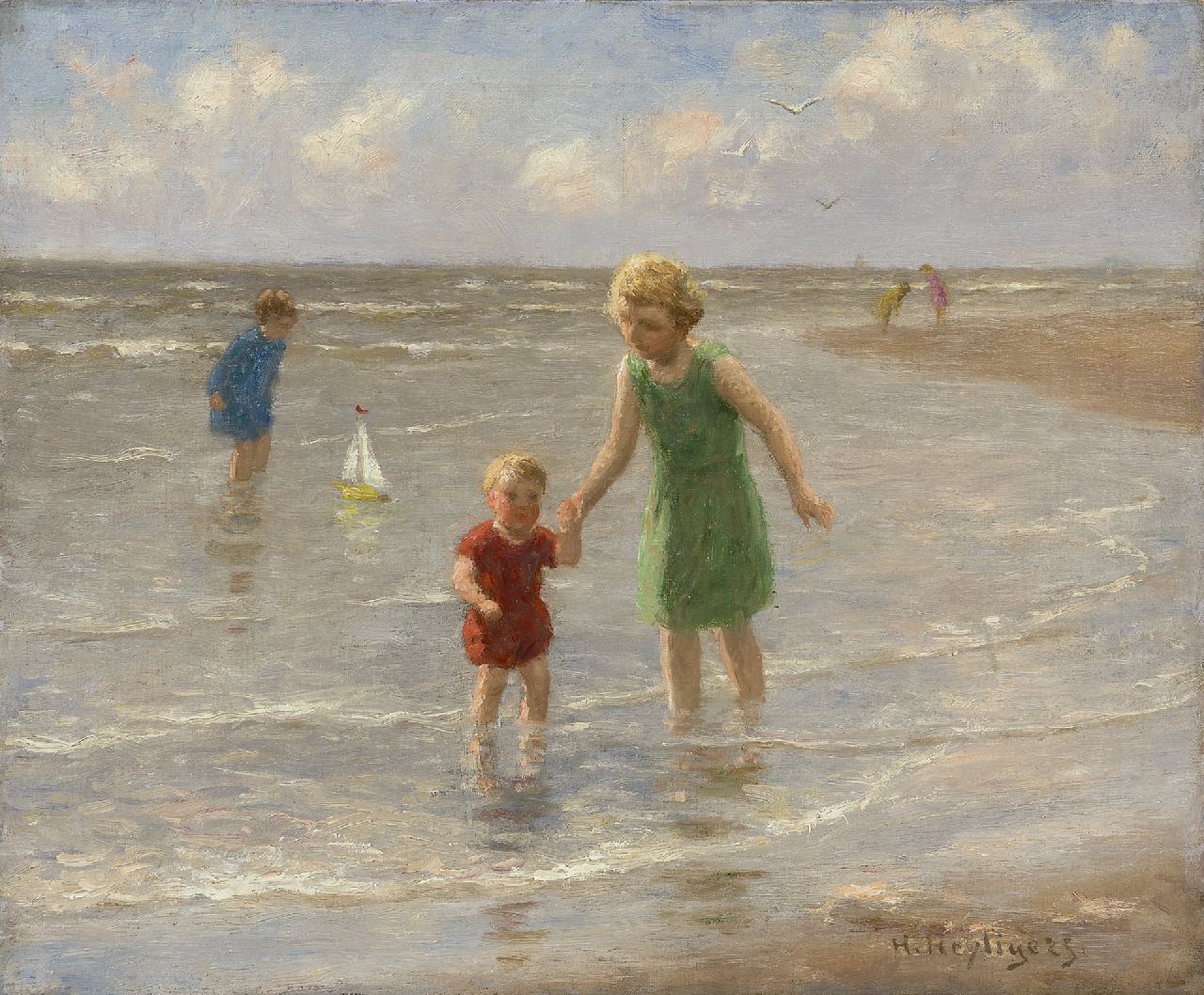 Heijligers H.  | Hendrik 'Henri' Heijligers, Kinder barfuss im Wasser watend am Strand, Öl auf Leinwand 38,1 x 46,0 cm, Unterzeichnet u.r.