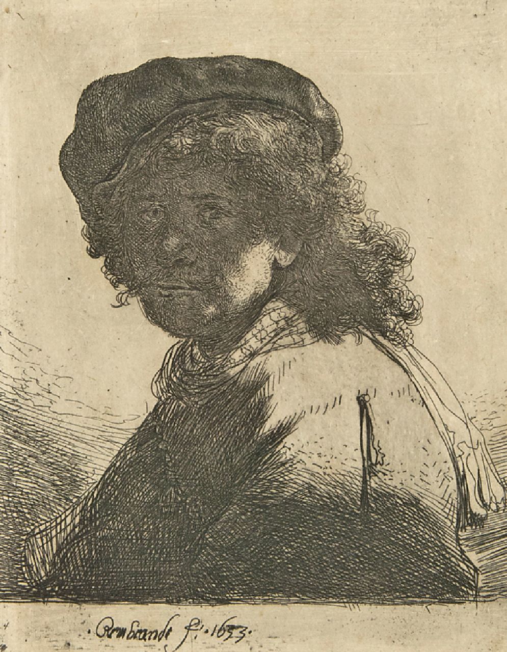 Rembrandt (Rembrandt Harmensz. van Rijn)   | Rembrandt (Rembrandt Harmensz. van Rijn), Selbstbildnis mit Barett und Halstuch, Radierung auf Papier 13,2 x 10,3 cm, Unterzeichnet M.u. in der Platte und datiert 1633 in der Platte