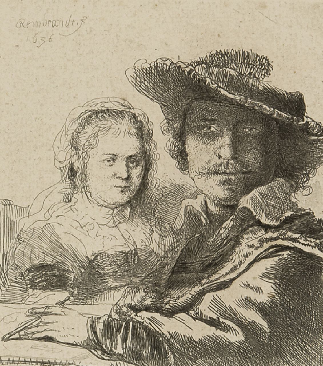 Rembrandt (Rembrandt Harmensz. van Rijn)   | Rembrandt (Rembrandt Harmensz. van Rijn), Selbstbildnis mit Saskia, Radierung auf Papier 10,5 x 9,4 cm, Unterzeichnet o.l. in der Platte und datiert 1636 in der Platte