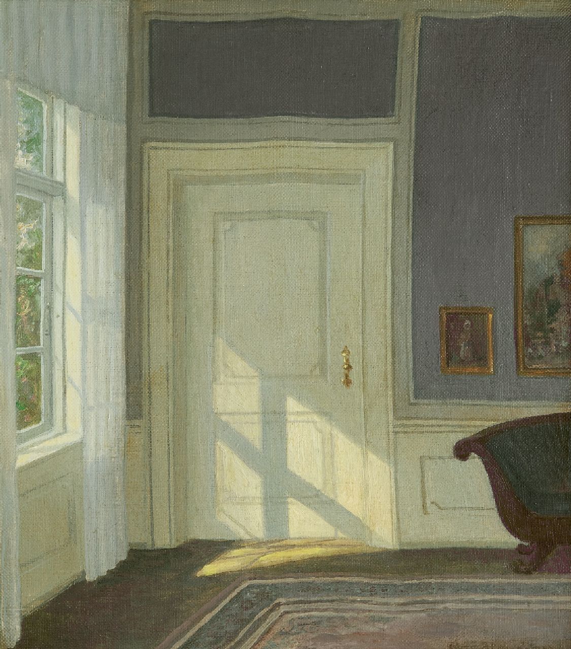 Henriksen W.  | William Henriksen, Innenraum mit Sonnenschein, Öl auf Leinwand 33,7 x 30,1 cm, Unterzeichnet u.r.