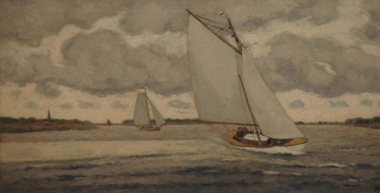 Regt P. de | Pieter 'Piet' de Regt, Segelschiffe auf einem hollänschen Wasser, Öl auf Leinwand 40,2 x 80,5 cm, Unterzeichnet r.u.