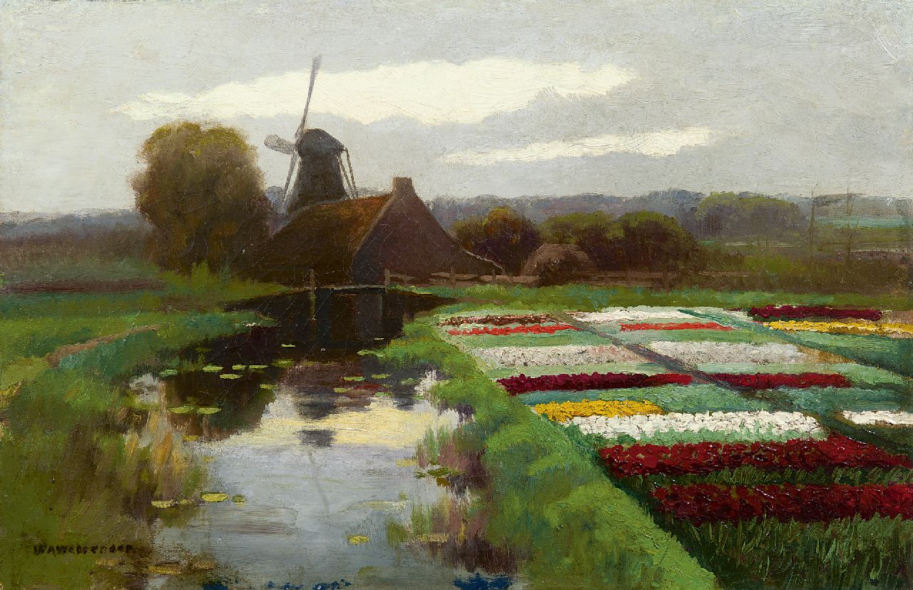 Wassenaar W.A.  | Willem Abraham Wassenaar, Tulpenfelder bei einer Mühle, Öl auf Leinwand 33,2 x 50,4 cm, Unterzeichnet u.l.