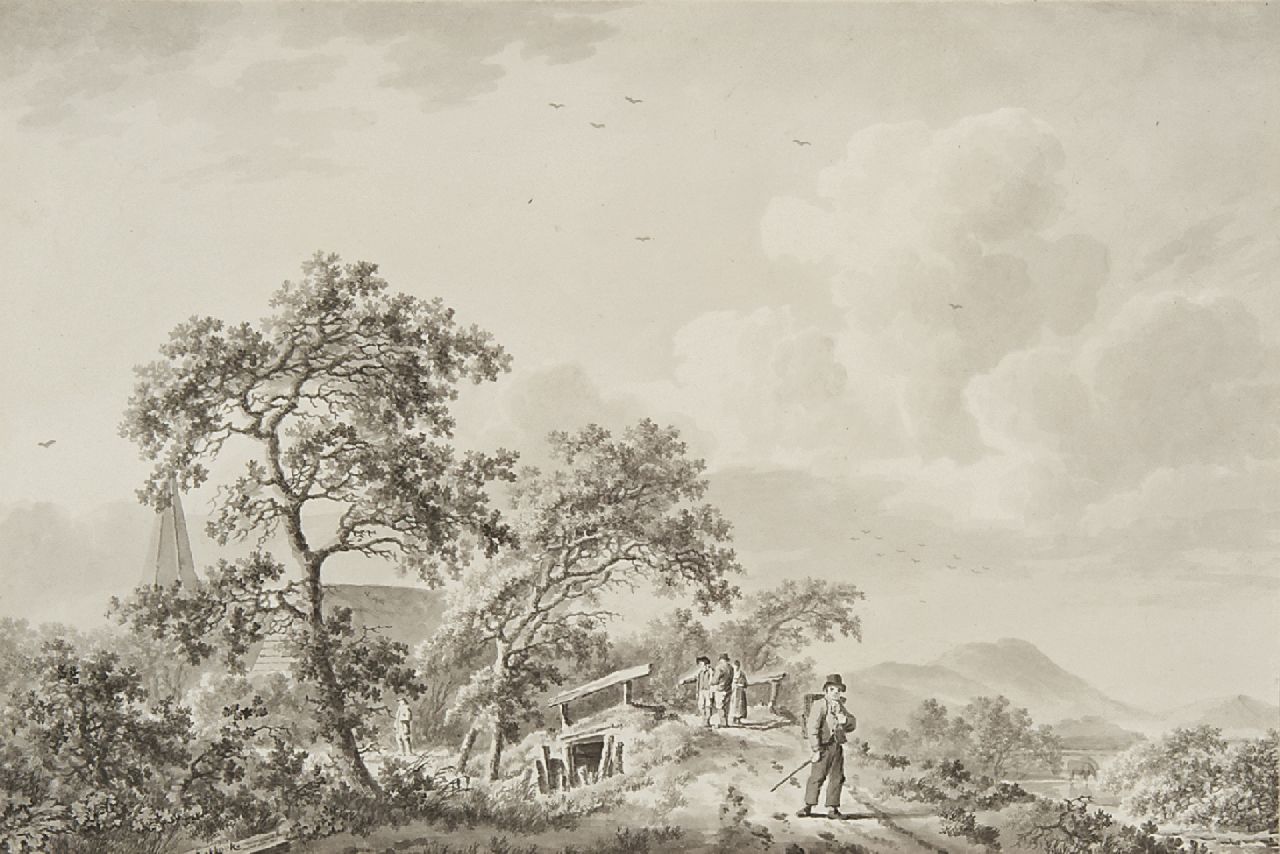 Koekkoek B.C.  | Barend Cornelis Koekkoek, Spaziergänger auf sandigem Weg bei einem Dorf, Feder, Pinsel und Tinte auf Papier 17,5 x 26,0 cm, Unterzeichnet u.l.